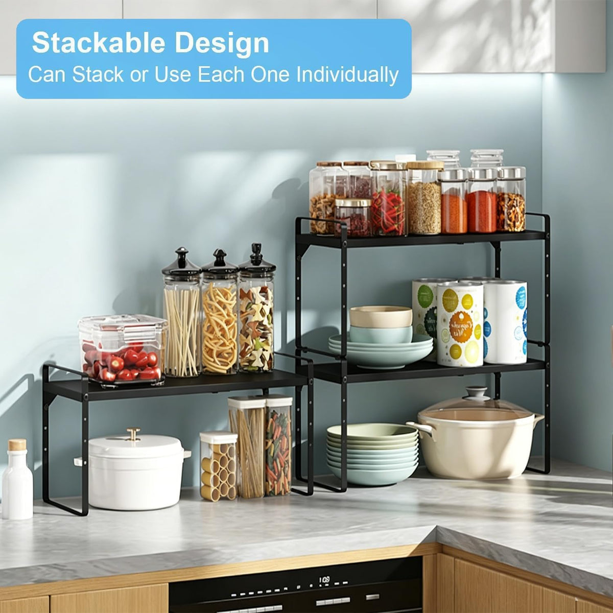 15.5 to 25.5 Inch Expandable Kitchen Cabinet Organizer Shelf, 2 Pack 30 LBS Heavy Duty Adjustable Kitchen Counter Storage Shelves Organizers,Stackable Small Storage Shelf Rack For Cabinet Cupboard