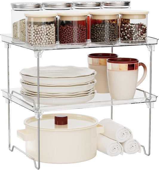 STARLATTA 2 Pcs Cabinet Organizer Shelf, Stackable Kitchen Counter Shelves, Spice Rack,Countertop Organizers, Clear Plastic Storage Shelves Rack for Makeup,Bathroom,Cupboard,Desk,Pantry Organization