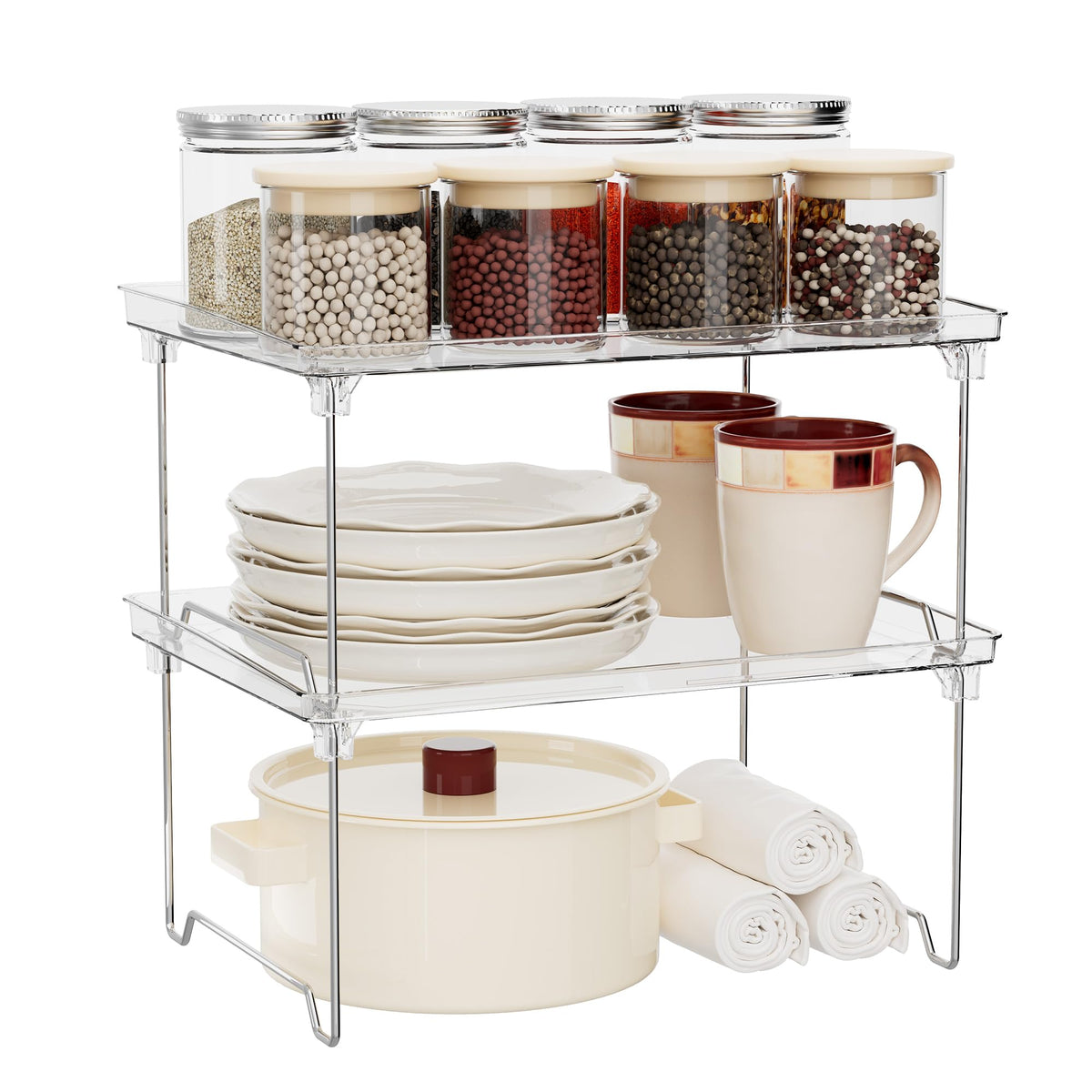 STARLATTA 2 Pcs Cabinet Organizer Shelf, Stackable Kitchen Counter Shelves, Spice Rack,Countertop Organizers, Clear Plastic Storage Shelves Rack for Makeup,Bathroom,Cupboard,Desk,Pantry Organization