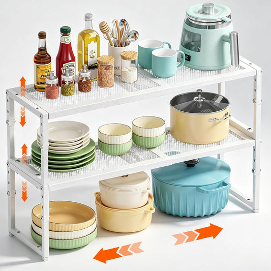 2 Pack Expandable Cabinet Shelf Organizer, Adjustable Kitchen Countertop Metal Storage Shelves Organizers, Stackable Kitchen Counter Pantry Cupboard Storage Rack, 30LBS Load Capacity,15.5"-25.5" Long