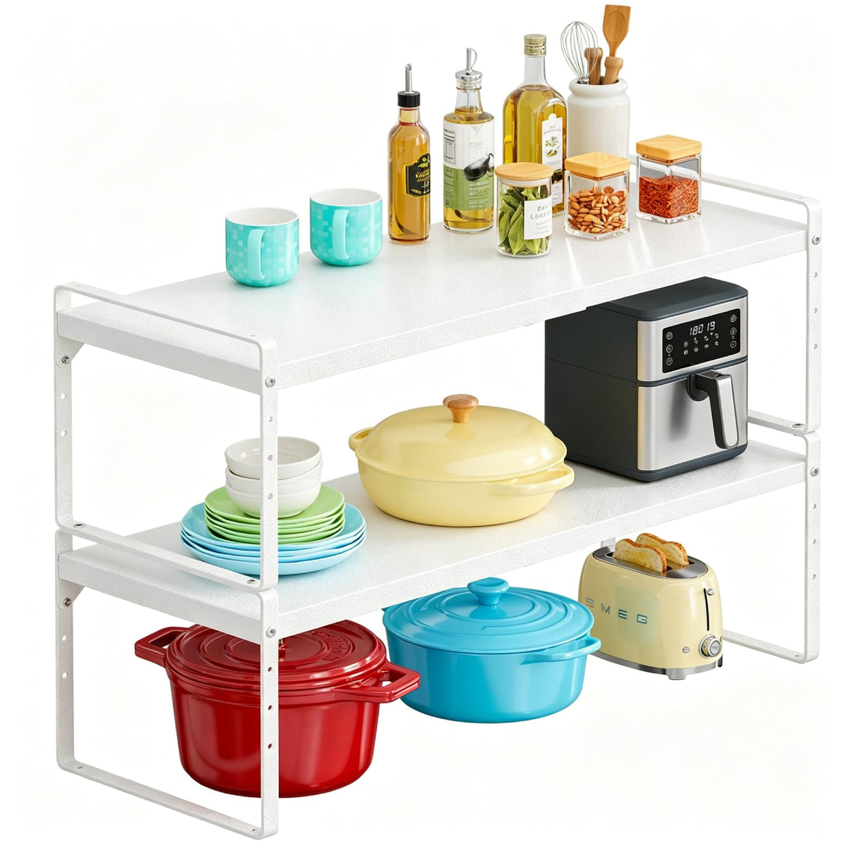 15.5 to 25.5 Inch Expandable Kitchen Cabinet Organizer Shelf, 2 Pack 30 LBS Heavy Duty Adjustable Kitchen Counter Storage Shelves Organizers,Stackable Small Storage Shelf Rack For Cabinet Cupboard