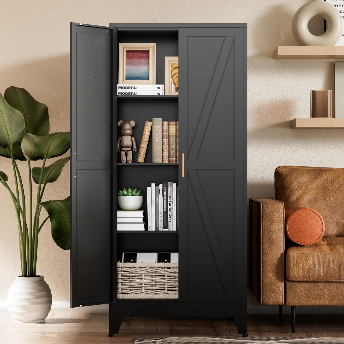 COFaR White Farmhouse Storage Kitchen Pantry Cabinet with 2 Barn Door, 3 Adjustable Shelves and Legs, for Cupboard/Dining Room/Bathroom/Living Room/Office/Laundry Room (White, 61" Farmhouse)