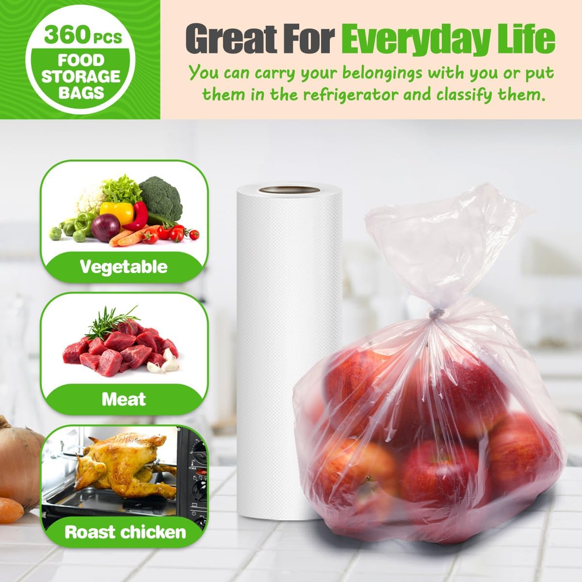 Teivio 360 Count 12" x 16" Plastic Produce Bags on A Roll, Clear Kitchen Disposable Plastic Food Storage Bags for Bread Fruit Vegetable and Meat