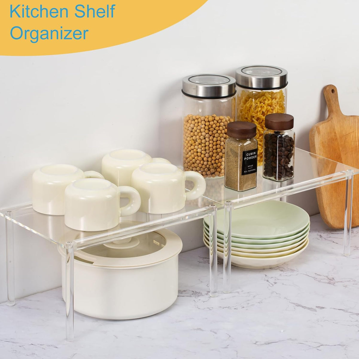 HENABLE 1 Pack Acrylic Cabinet Organizer, Kitchen Countertop Counter Organizer, Clear Spice Rack, Shelf Risers Cabinets for Bathroom, Desk, Dresser Cupboard Organizers and Storage