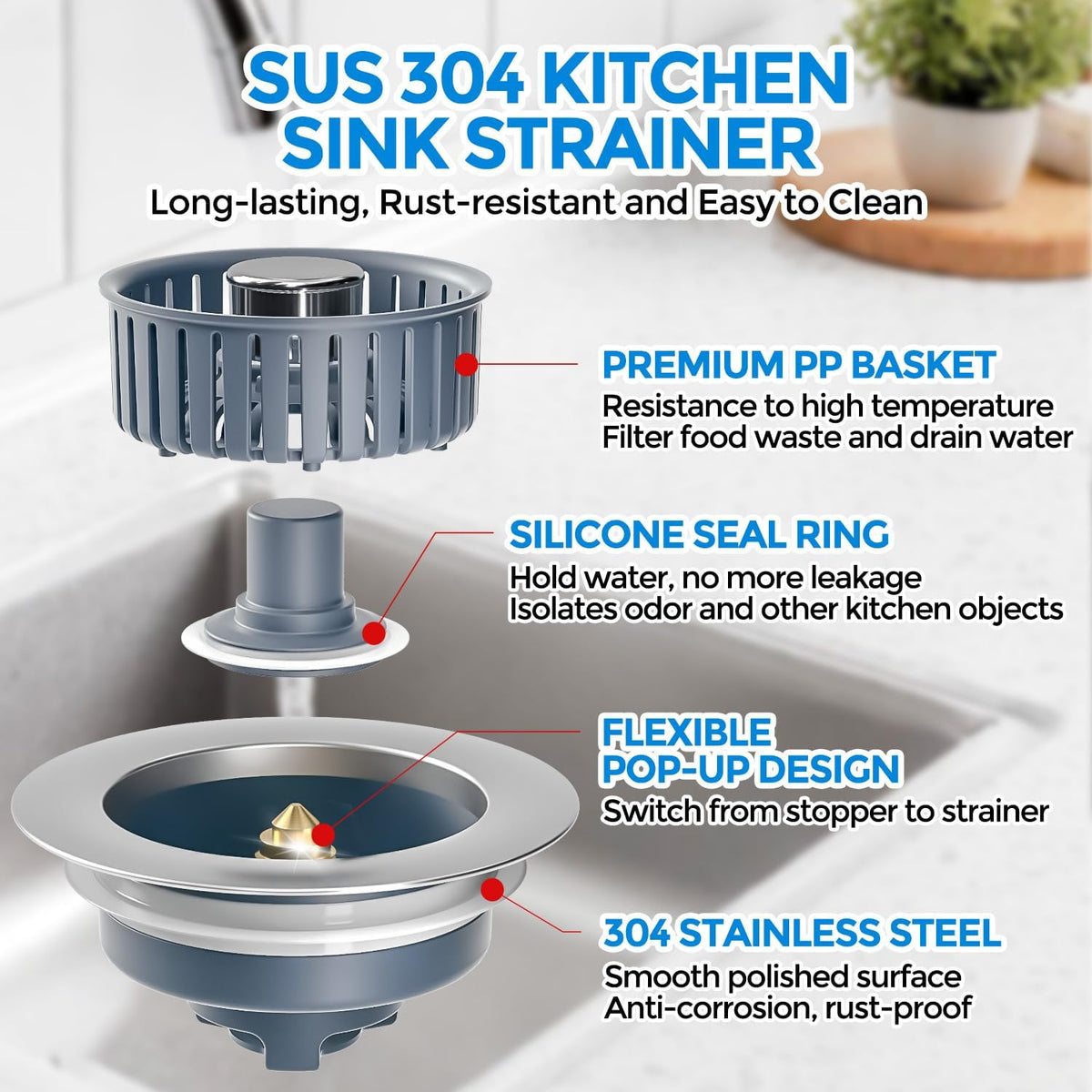 zaa 3 in 1 Kitchen Sink Stopper Strainer Basket Pop-Up Removable 2 Pack