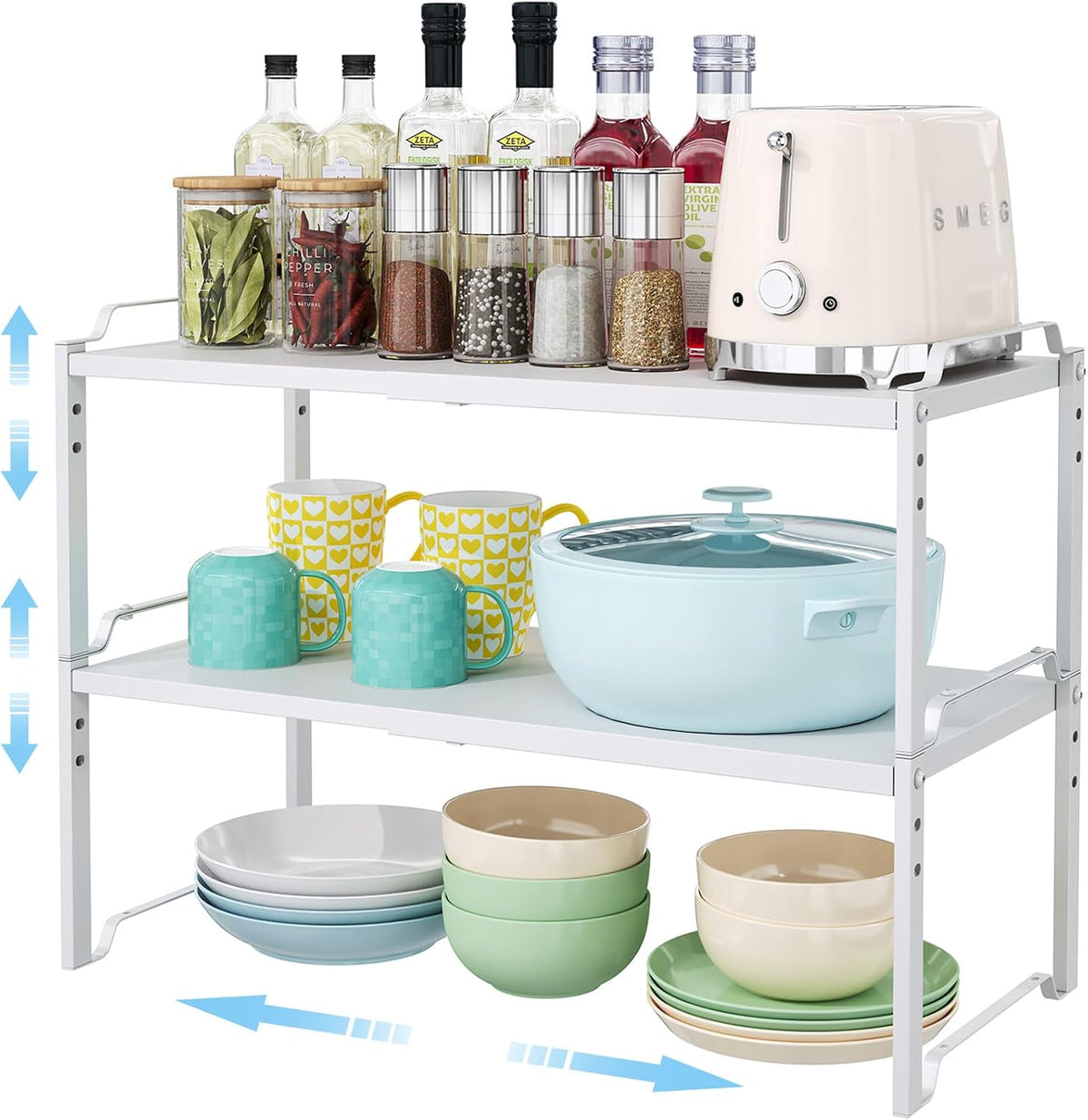 2 Pack 11” Depth Expandable Kitchen Cabinet Organizer Shelves, Heavy Duty Kitchen Countertop Organizers and Storage Rack, Stackable Metal Small Storage Shelf For Pantry Counter Cupboard Organization