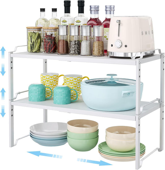 2 Pack 11” Depth Expandable Kitchen Cabinet Organizer Shelves, Heavy Duty Kitchen Countertop Organizers and Storage Rack, Stackable Metal Small Storage Shelf For Pantry Counter Cupboard Organization