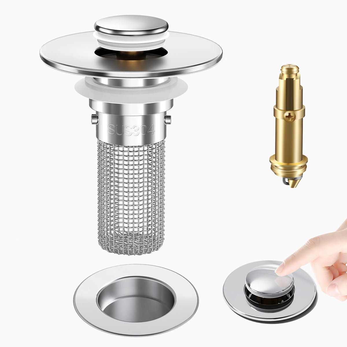 2PCS Bathroom Sink Stopper Strainer, Pop-Up Bathroom Sink Drain Strainer with Removable Stainless Steel Hair Catcher Basket, Universal Fit for US Bathroom Sinks, Bathtubs, Showers & Floor Drains