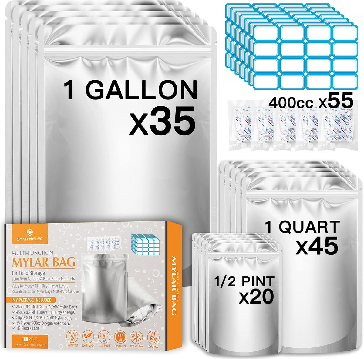 SYMYNELEC 100-Pack Mylar Bags with 400cc Oxygen Absorbers for Food Storage