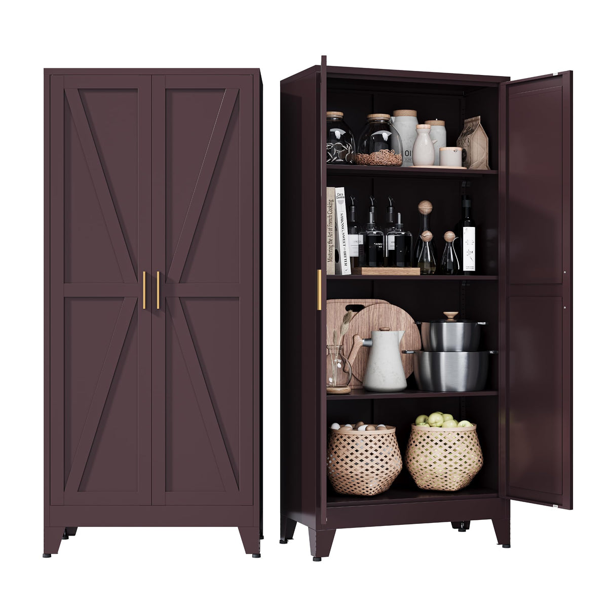 COFaR White Farmhouse Storage Kitchen Pantry Cabinet with 2 Barn Door, 3 Adjustable Shelves and Legs, for Cupboard/Dining Room/Bathroom/Living Room/Office/Laundry Room (White, 61" Farmhouse)