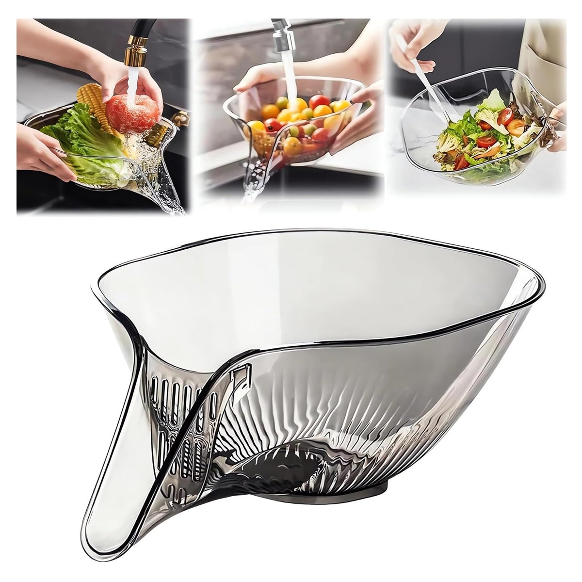 Multi-functional Drain Basket - 2024 New Fruit Cleaning Bowl with Strainer Container, Kitchen Sink Food Catcher Drainer Rinser Vegetable Washing Filter over the Colander (1PC, Clear)