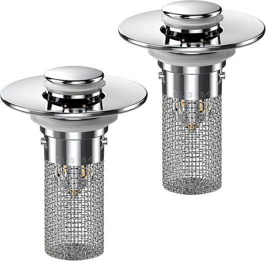 2PCS Bathroom Sink Stopper Hair Catcher, Pop Up Sink Drain Stopper with Strainer & Filter, Universal Drain Plug for Sink Drain & Replacement, Sink Drain Cover with Basket for Bathroom Stopper