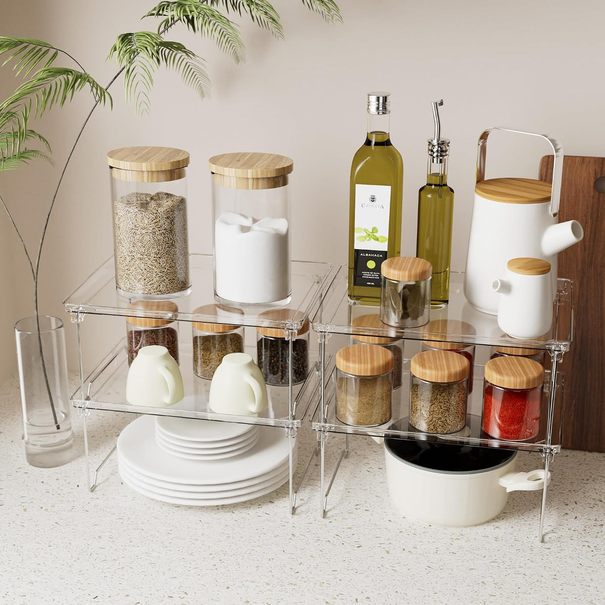 STARLATTA 2 Pcs Cabinet Organizer Shelf, Stackable Kitchen Counter Shelves, Spice Rack,Countertop Organizers, Clear Plastic Storage Shelves Rack for Makeup,Bathroom,Cupboard,Desk,Pantry Organization