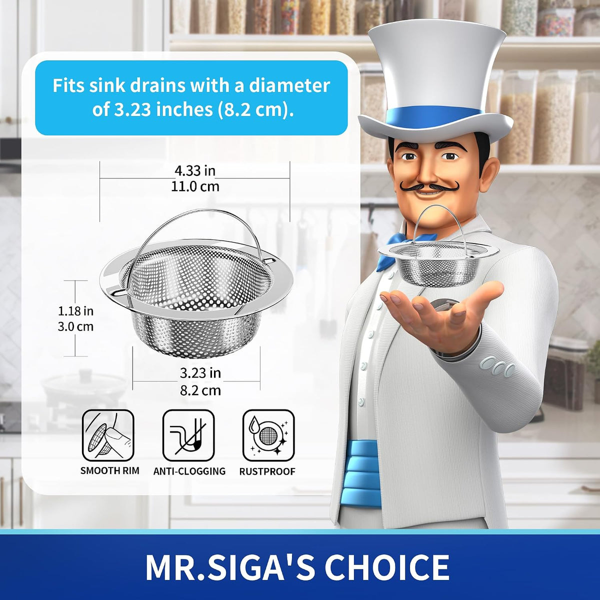 MR.SIGA Kitchen Sink Strainer, Stainless Steel Sink Drain Strainer, 2 Pack
