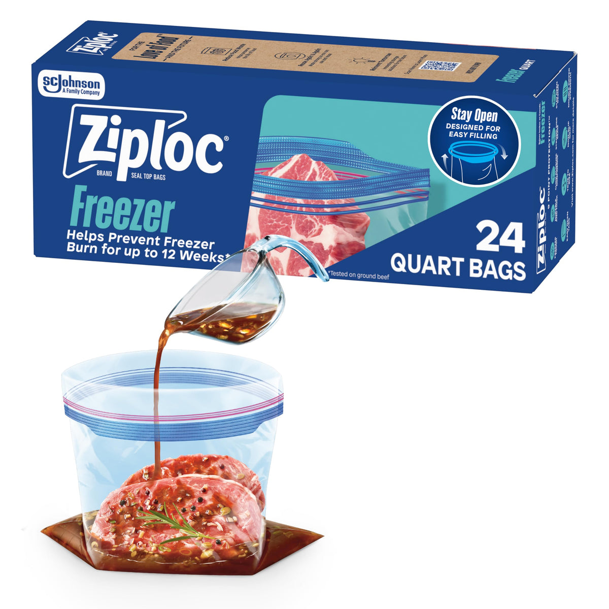 Ziploc Quart Freezer Bags, Food Storage, Stand-Up Bottom, 60 Count