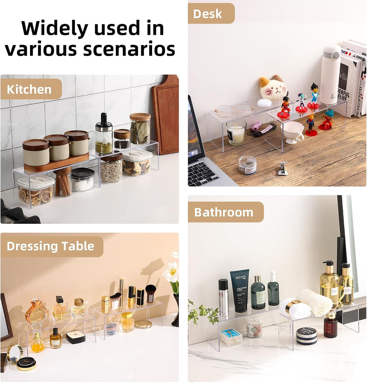 Aminigram Cabinet Shelf Organizer, 4 Pack Clear Riser(12.4 x 4 x 4.6 inch)