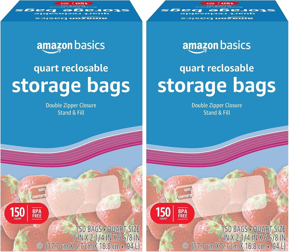 Amazon Basics Reclosable Gallon Food Storage Bags with Double Zipper Seal, Stand and Fill Base, BPA Free, 120 Count