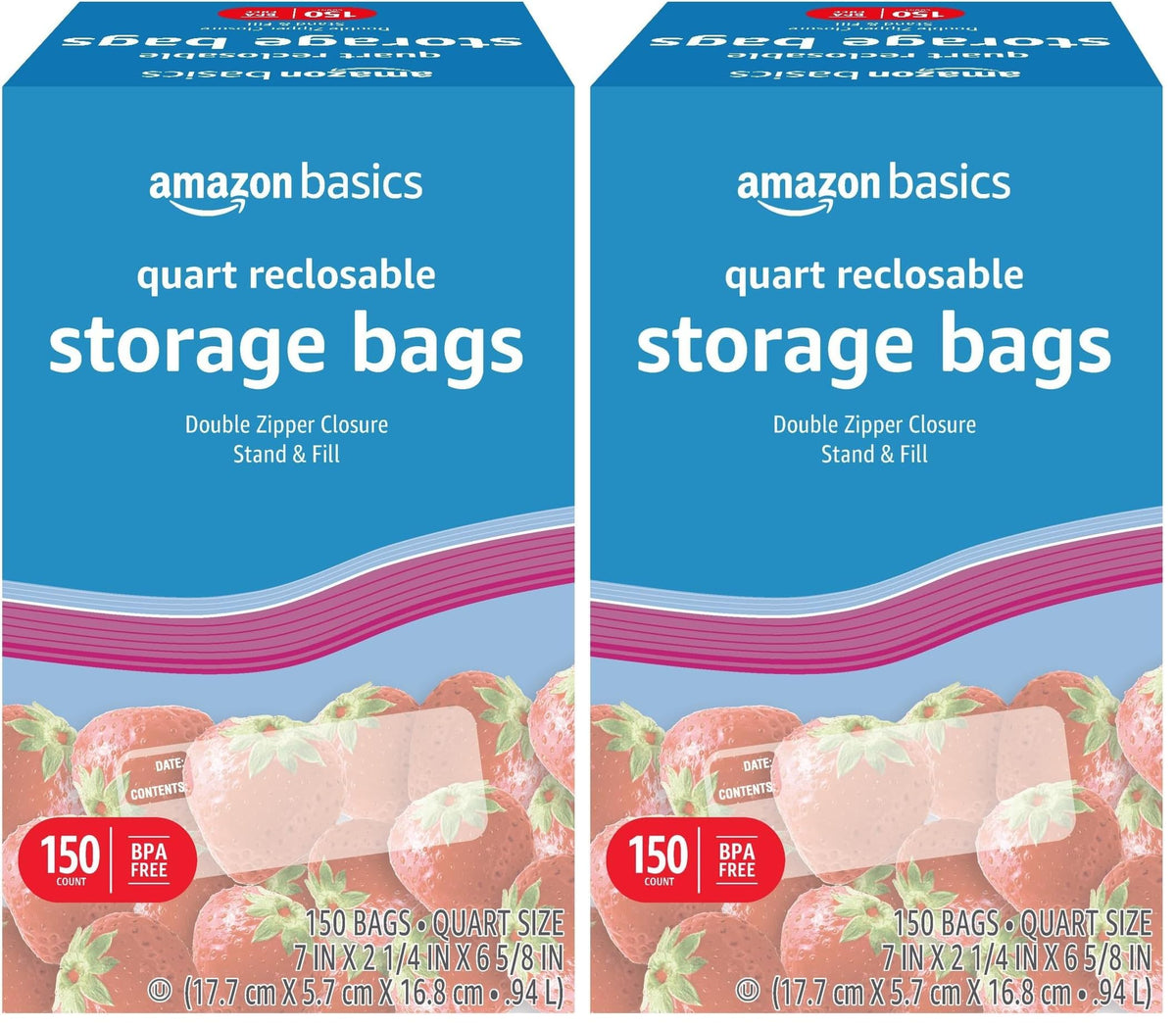 Amazon Basics Reclosable Gallon Food Storage Bags with Double Zipper Seal, Stand and Fill Base, BPA Free, 120 Count