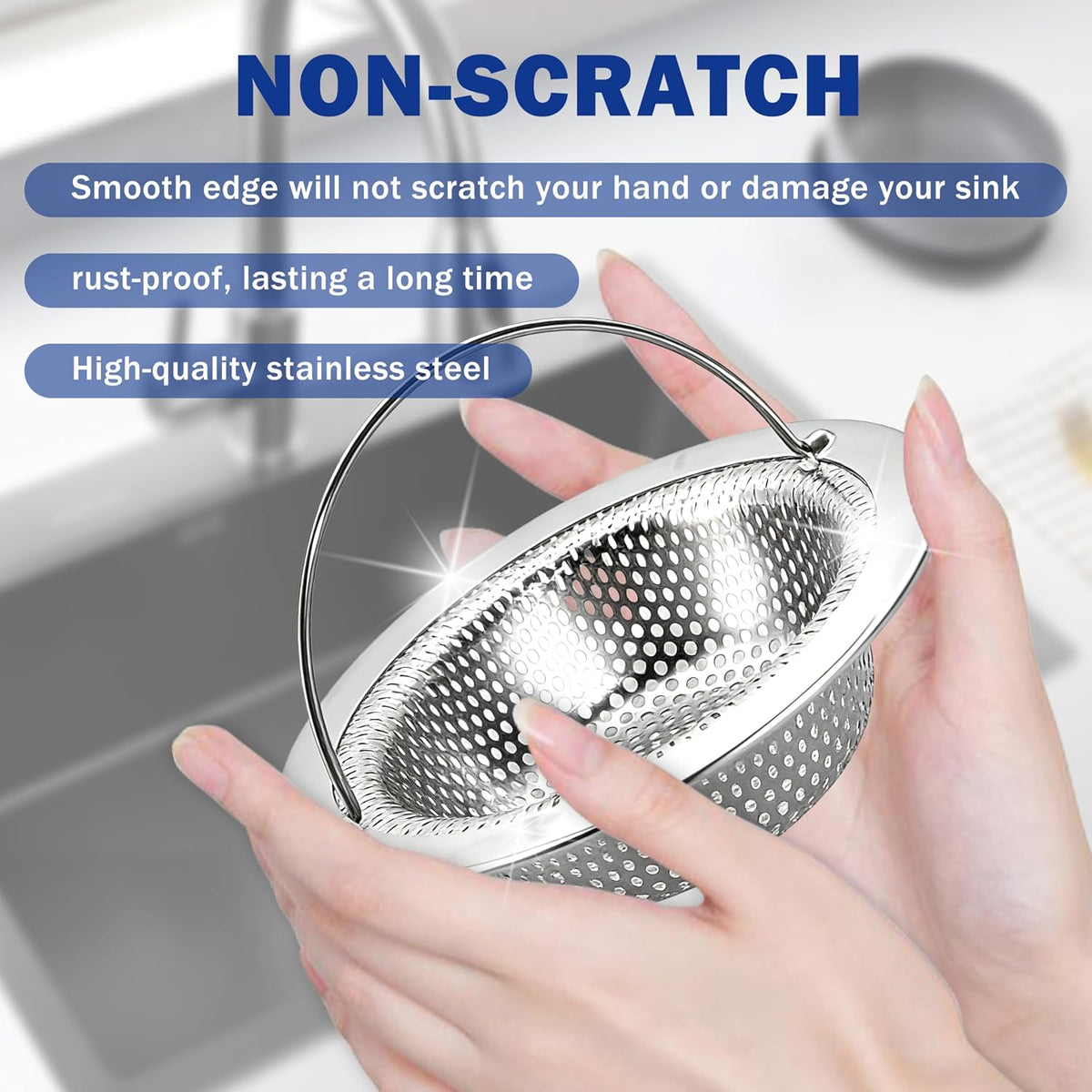 2 Pack Kitchen Sink Drain Strainer with Handle, Universal Stainless Steel Food Catcher Basket, Rust Free, Fits Most Kitchen Sinks