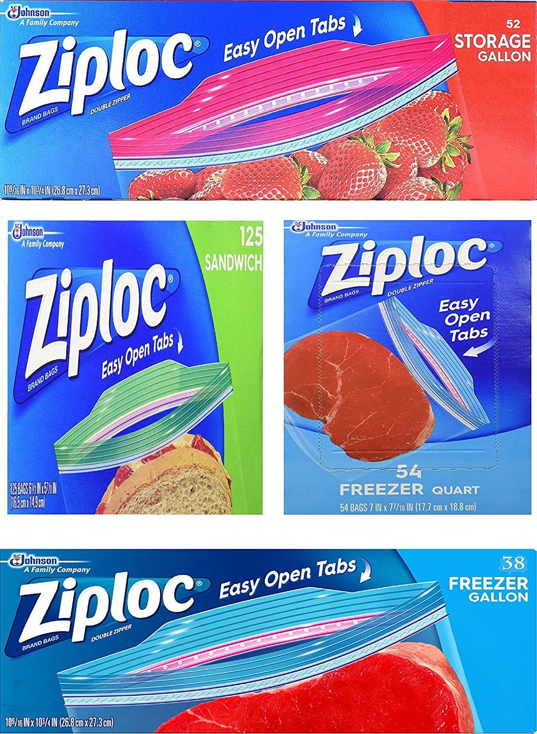 Variety Pack 54 Freezer Quart Bags, 38 Freezer Gallon Bags, 125 Sandwich Bags, 52 Storage Bags Reusable Plastic Bags with Zipper Closure, Red, Green, Blue