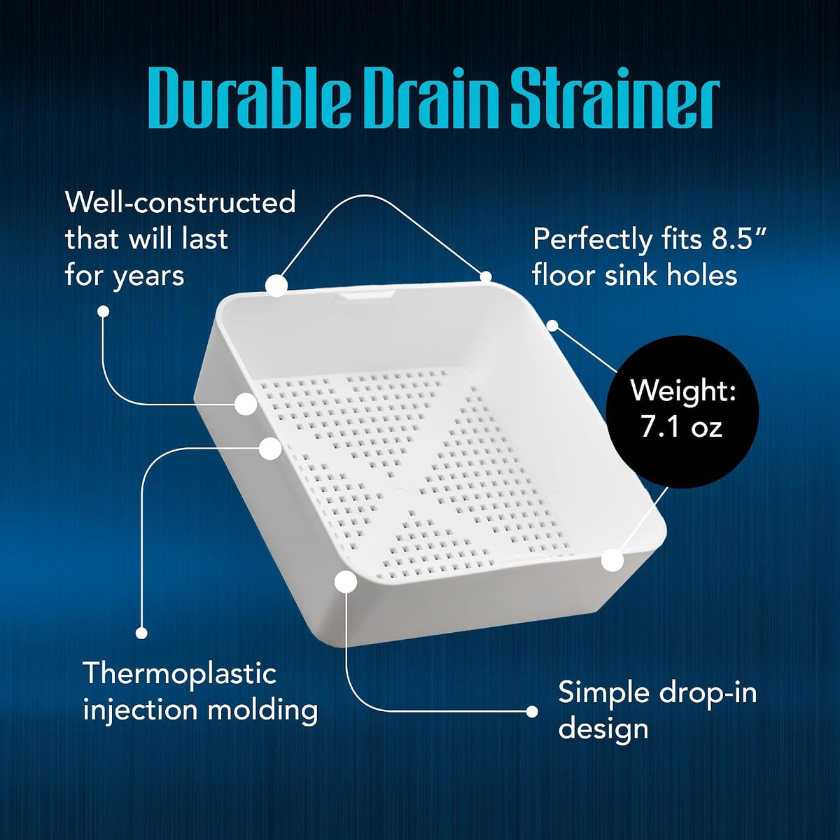 8.5-inch Floor Sink Drain Cover Alternative, Square Drain Basket for Restaurants, Use Below 3 Compartment Sink. Sink Strainer with 0.19-inch Holes, Versatile Plastic Drain Screen Basket