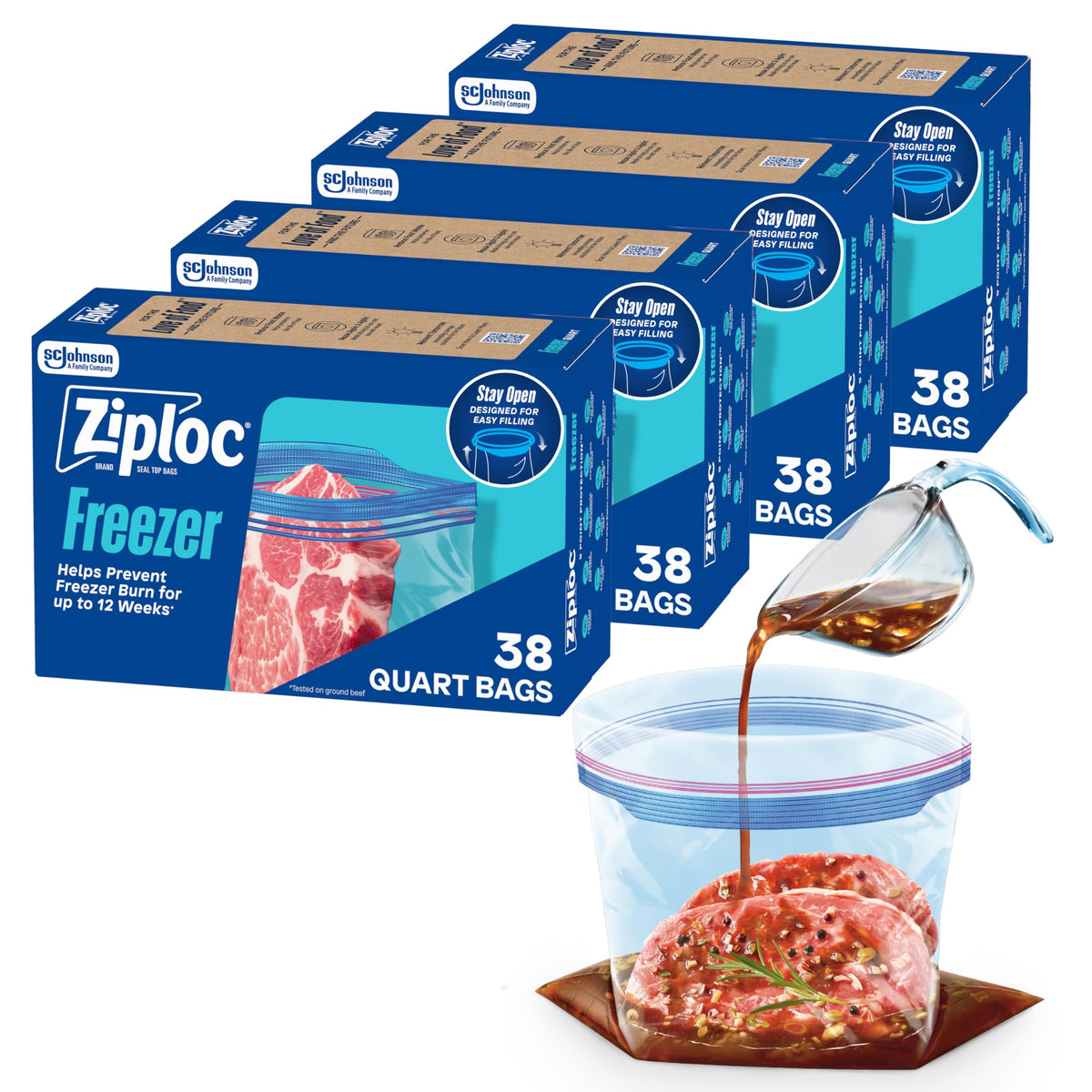 Ziploc Quart Freezer Bags, Food Storage, Stand-Up Bottom, 60 Count