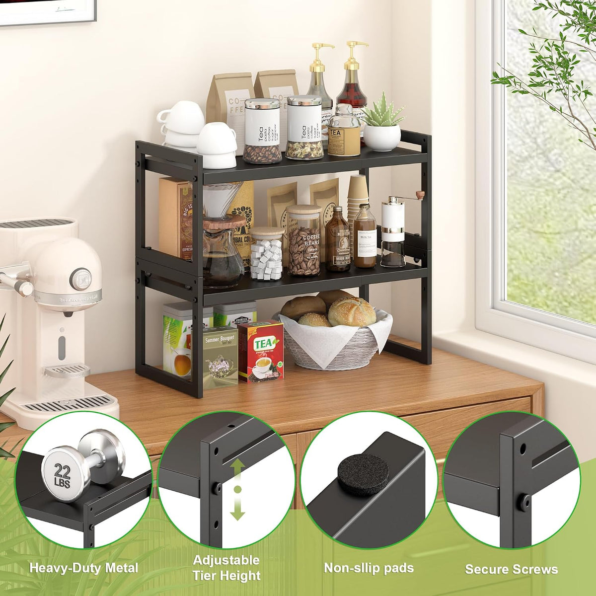 DOLALIKE Expandable Kitchen Countertop Organizer, Stackable Cabinet Shelf Organizers, Space Saving Spice Rack Pantry Storage for Bathroom Office (Black, 1 Pack)