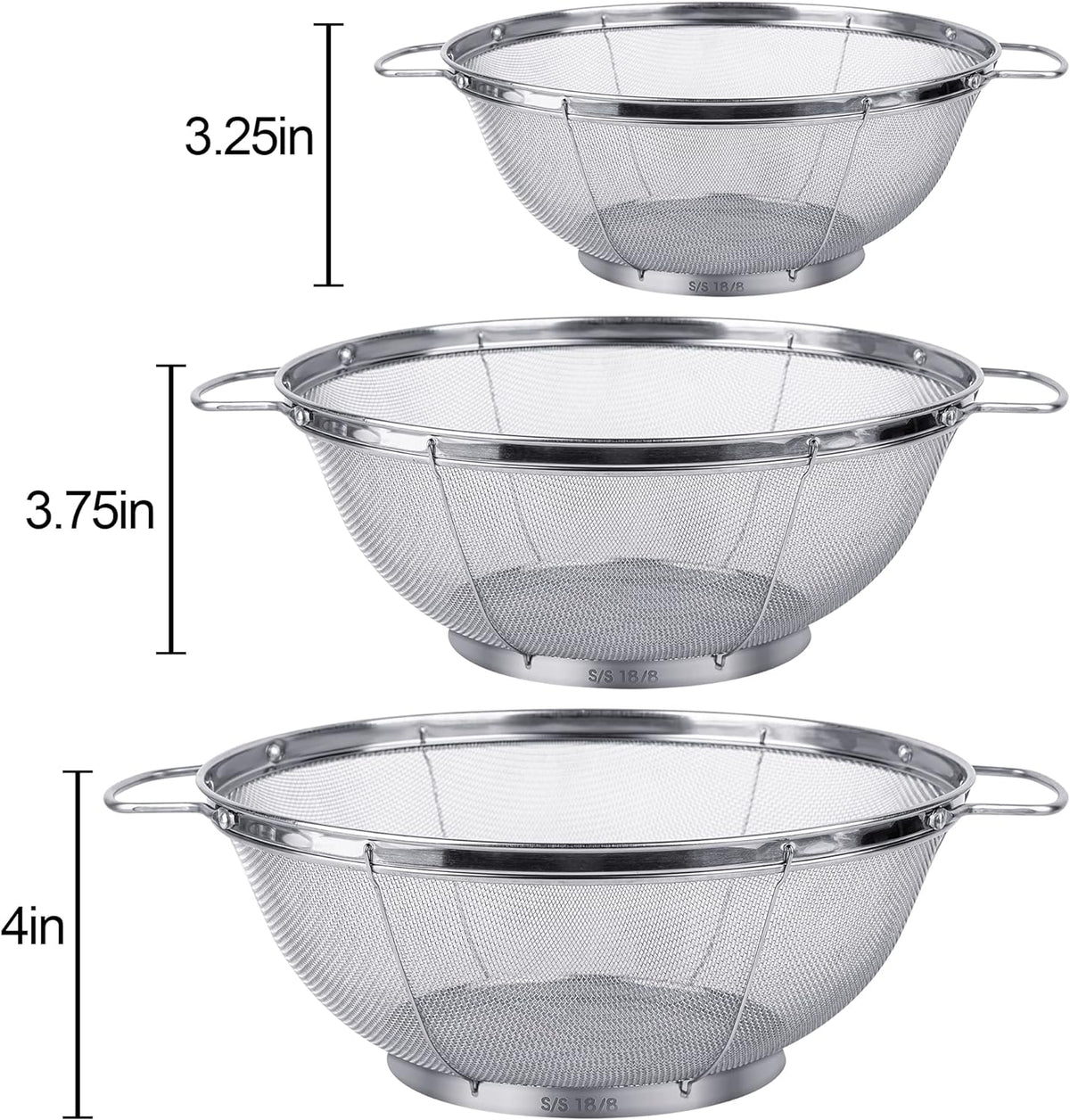 3 Pack 18/8 Stainless Steel Colander Sieves(5-Quart, 4-Quart and 3-Quart), Mesh Strainer Net Baskets with Handles & Resting Base for Strain, Drain, Rinse or Steam