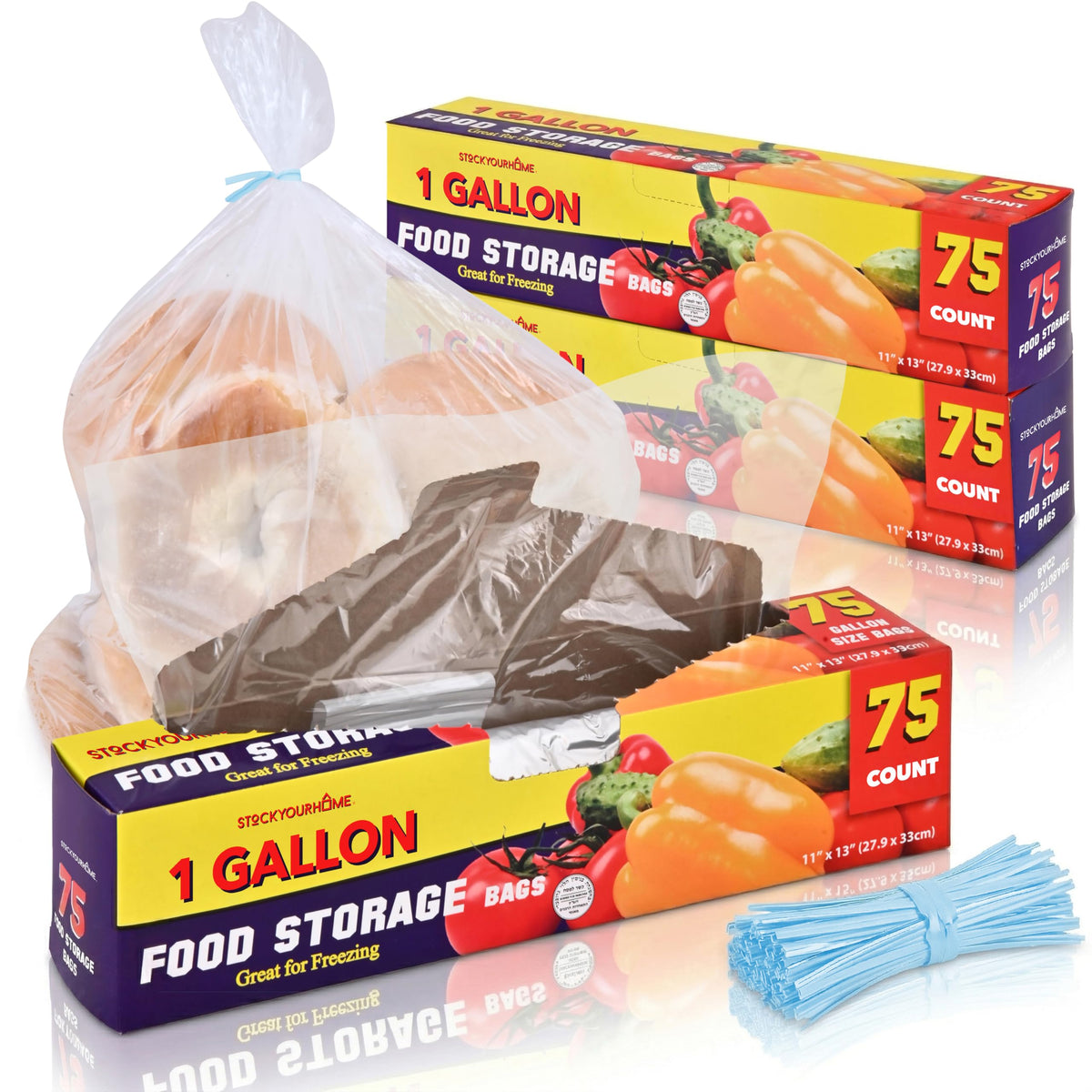 1 Gallon Food Storage Bags with Twist Ties (225 Count) Bulk Freezer Storage Bags Gallon Size for Bread, Vegetables, Fruit, and More, Clear Disposable Twist Tie Storage Bags, Stock Your Home