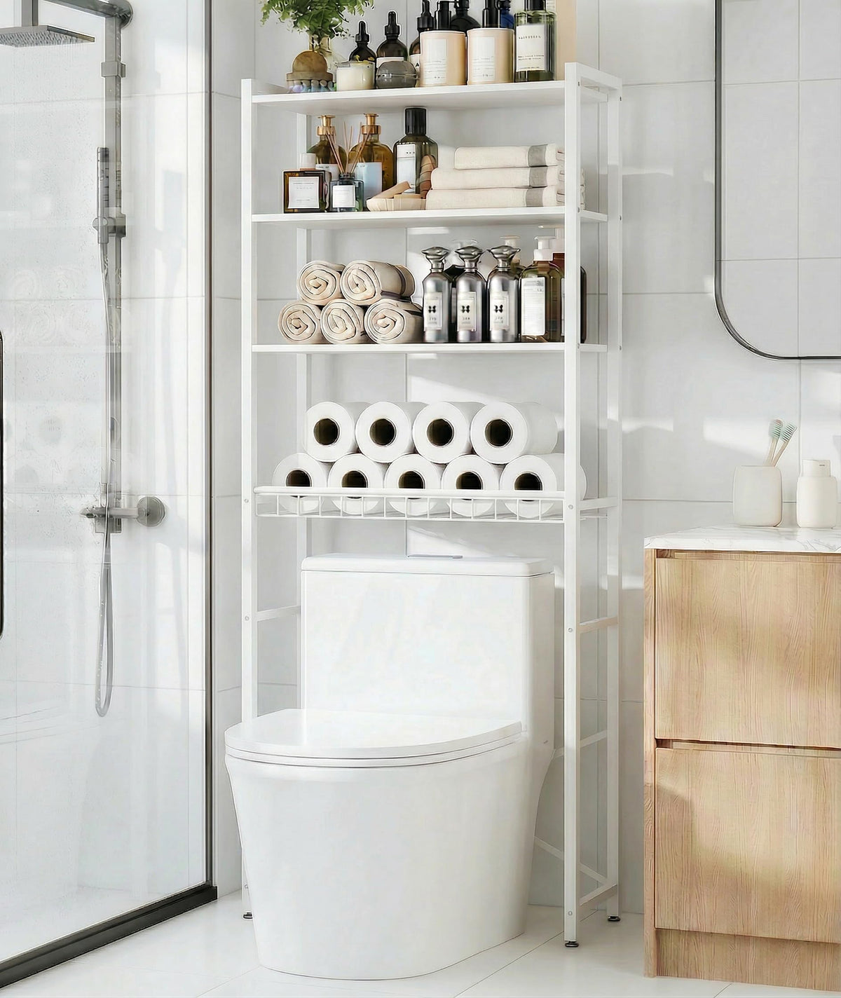 4-Tier Over-the-Toilet Storage Rack with One-Piece Wooden Shelves & Open Net Basket, Bathroom Organizer with Adjustable Feet & Anti-Tip Kit, Space-Saving Toilet Shelf, Brown, 24.4" x 9.4" x 69.3"
