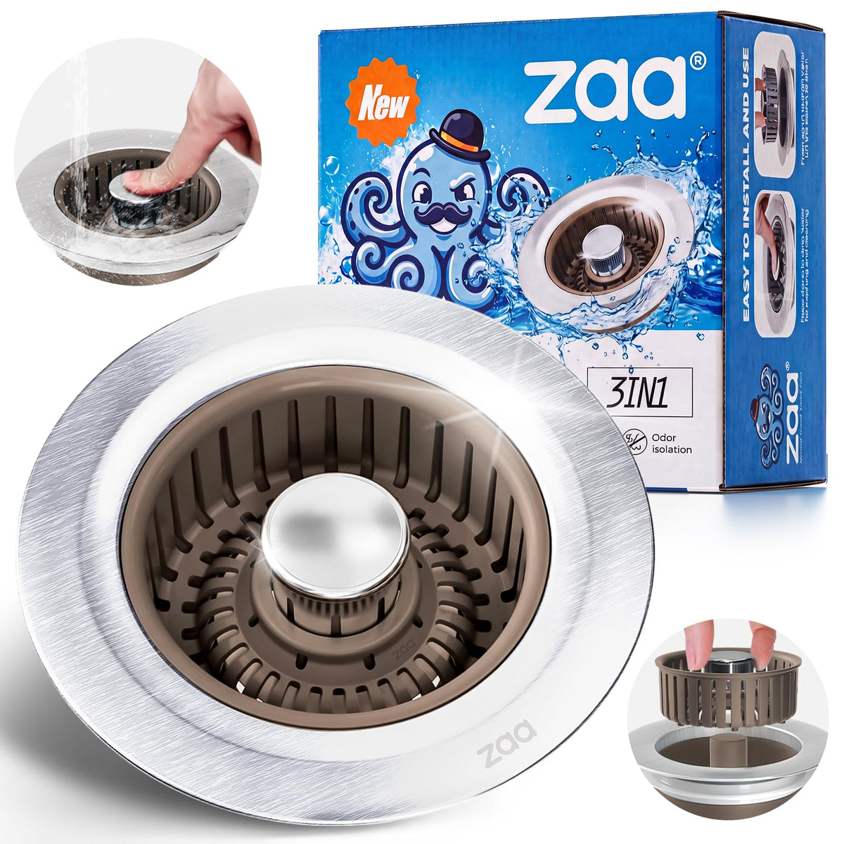 zaa 3 in 1 Kitchen Sink Drain Strainer Stopper Removable Basket Pop-Up