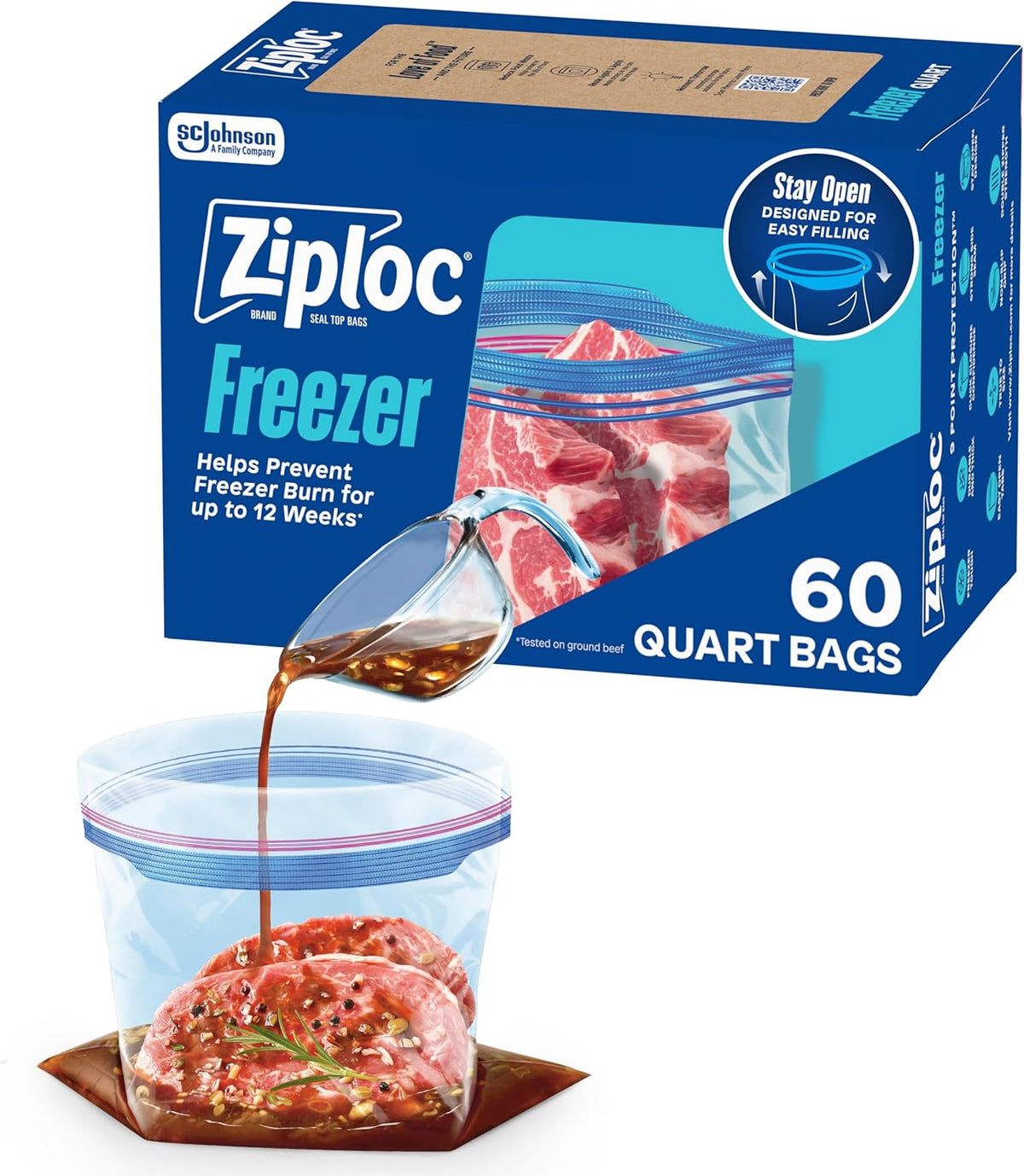 Ziploc Quart Freezer Bags, Food Storage, Stand-Up Bottom, 60 Count