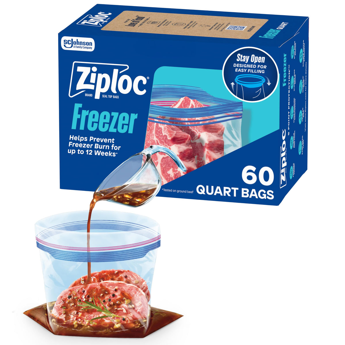 Ziploc Quart Freezer Bags, Food Storage, Stand-Up Bottom, 60 Count