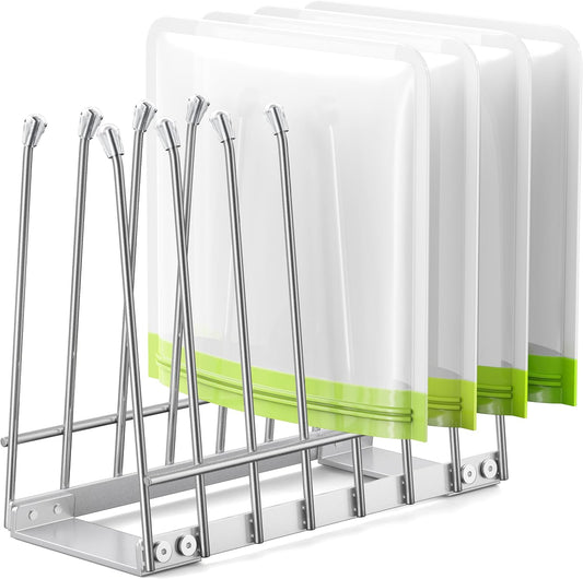 Plastic Bag Drying Rack, Metal Reusable Silicone Ziplock Bag & Bottle Drying Stand, Lerine Drying Rack Kitchen Organizer, Silver