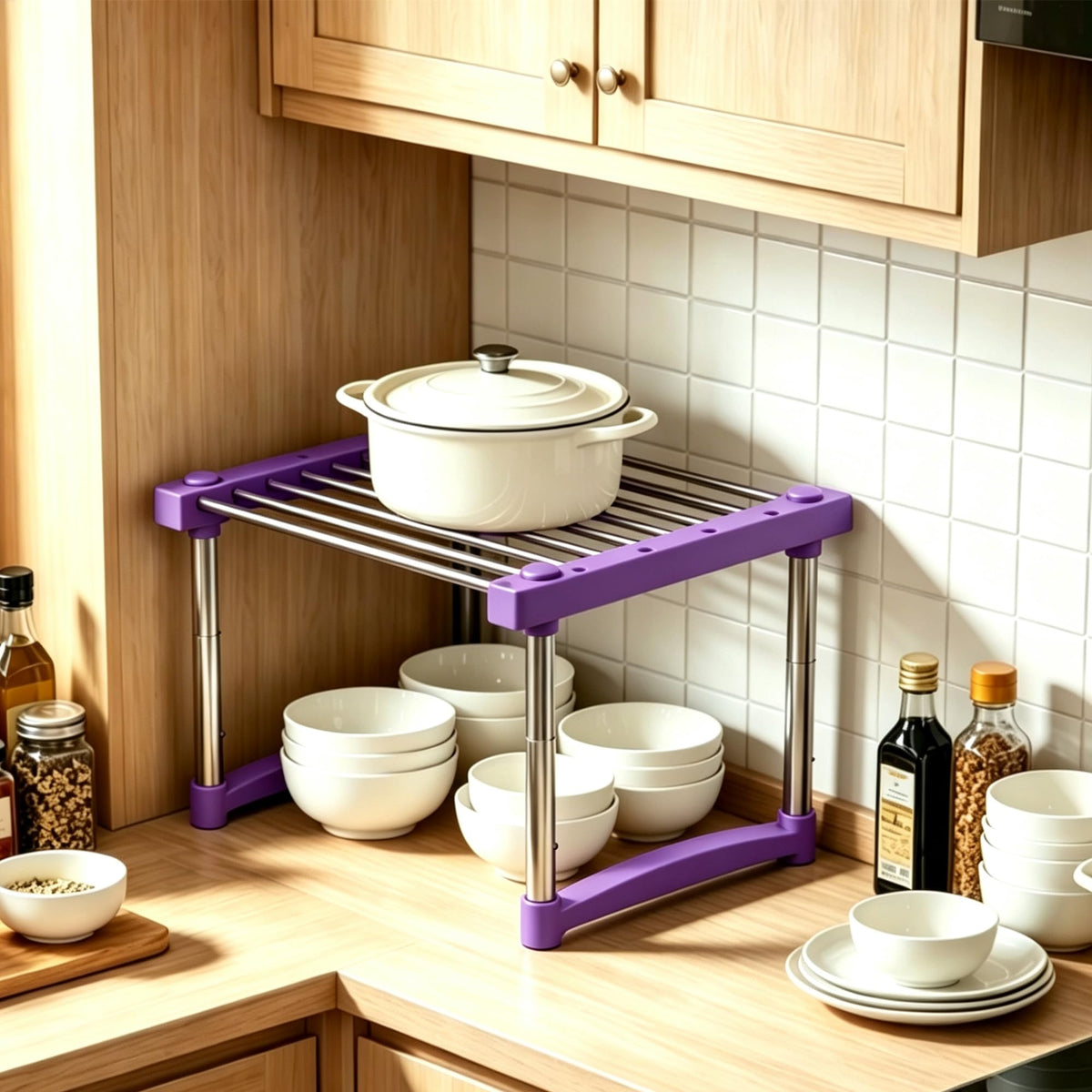 BLULEE Expandable Cabinet Organizer, Adjustable Storage Shelf White