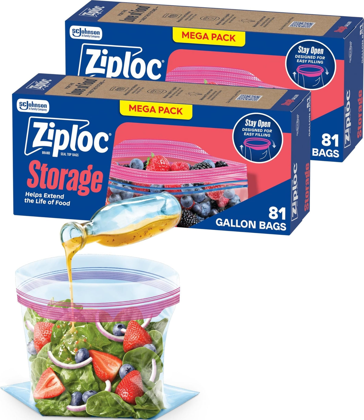 Ziploc Gallon Food Storage Bags, Stand-Up Bottom, Easy to Fill, 42 Count