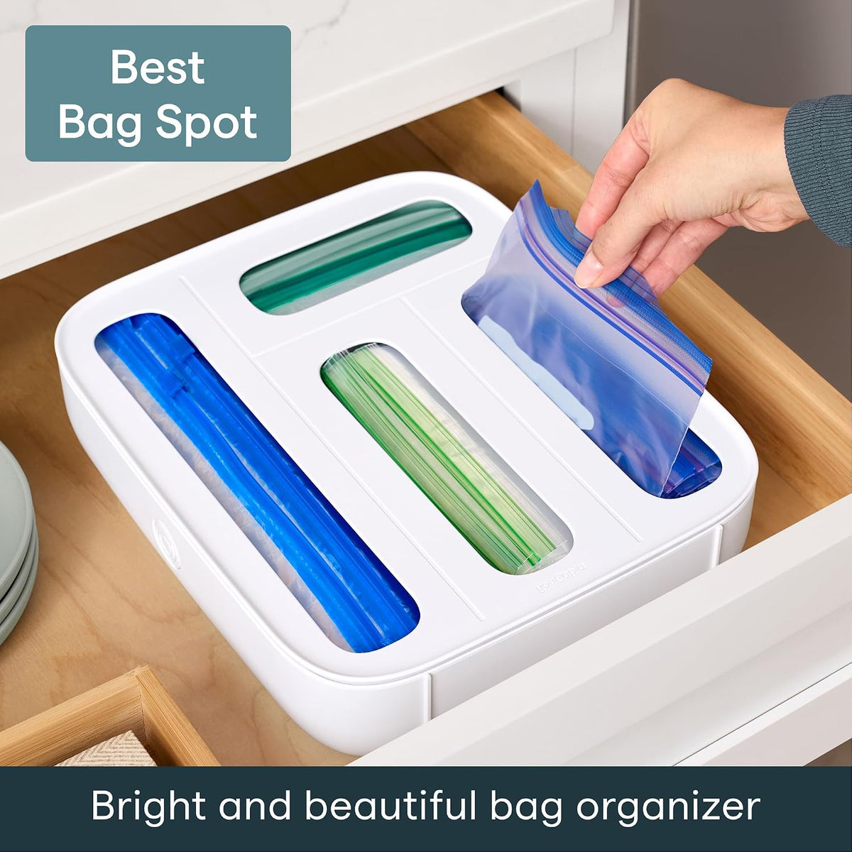 YouCopia StoraBag Drawer Food Bags Dispenser, 4-Slot, Plastic Sandwich Bag Organizer for Kitchen Storage, White