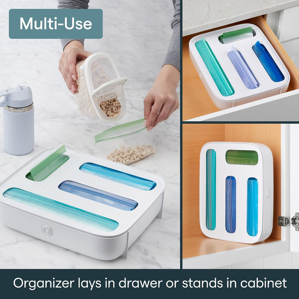YouCopia StoraBag Drawer Food Bags Dispenser, 4-Slot, Plastic Sandwich Bag Organizer for Kitchen Storage, White