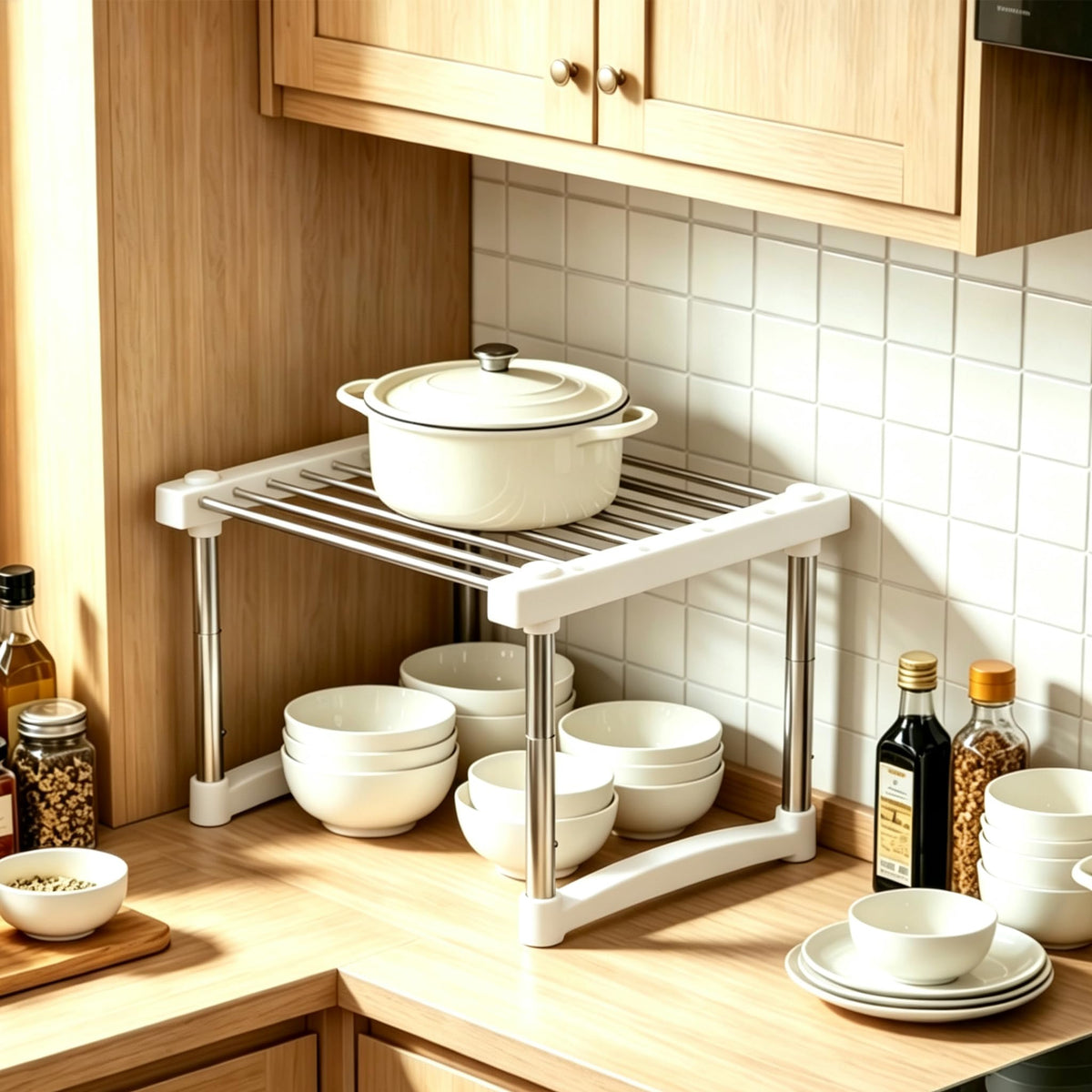 BLULEE Expandable Cabinet Organizer, Adjustable Storage Shelf White