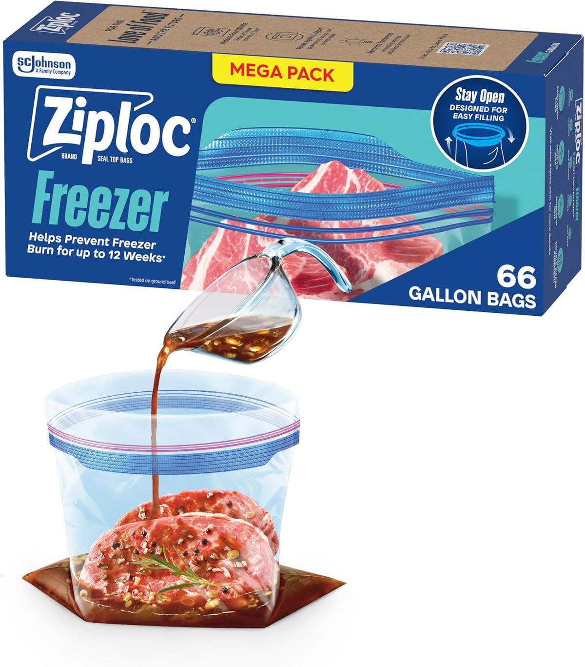 Ziploc Gallon Freezer Bags, Food Storage, Stand-Up Bottom, 66 Count