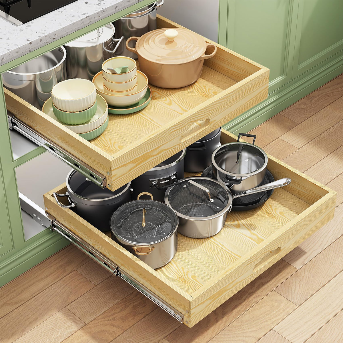 Pull Out Cabinet Organizer, Soft Close Wooden Slide Out Drawers for Pots and Pans, Full-extension Roll Out Shelves for Kitchen Cabinets, Pantry Organization, Bottom & Side Mount(15"W X 21"D x 3.4''H)