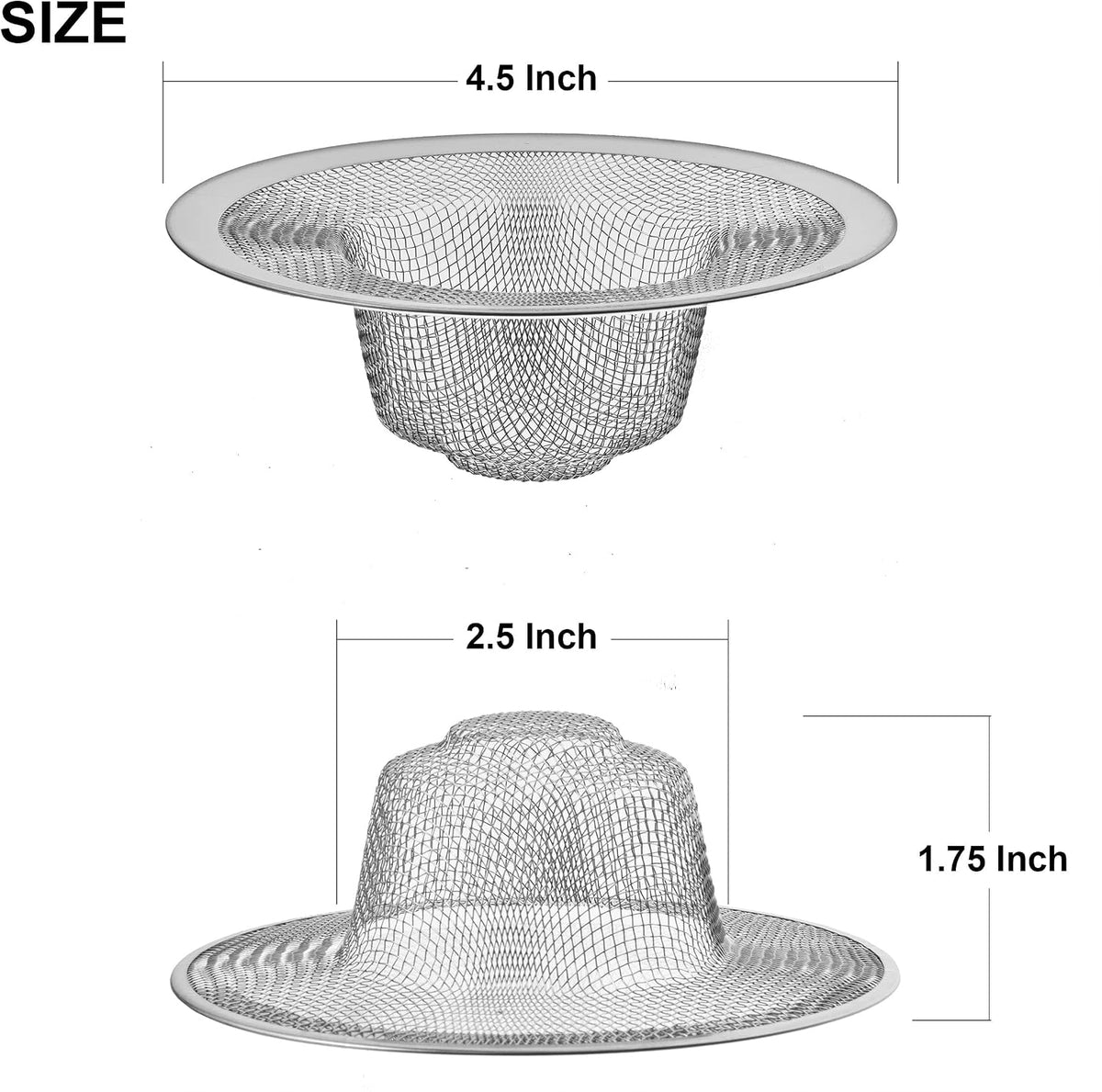 2 Pack - 4.5" Top / 3" Mesh Basket - Kitchen Sink Drain Strainer Stainless Steel Large Food Catcher. Fast Flow and Effective Full Mesh Basket