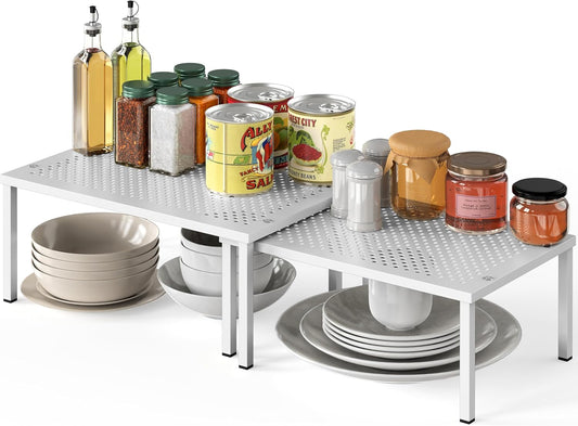Simple Houseware Expandable Stackable Kitchen Counter Shelf Organizer, White, Metal Top, 11.25"L x 7.9"W x 5.4"H