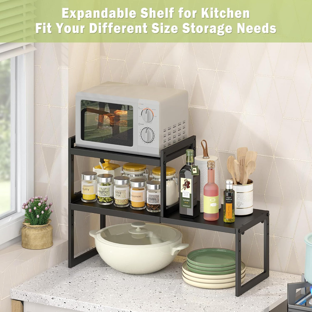 DOLALIKE Expandable Kitchen Countertop Organizer, Stackable Cabinet Shelf Organizers, Space Saving Spice Rack Pantry Storage for Bathroom Office (Black, 1 Pack)