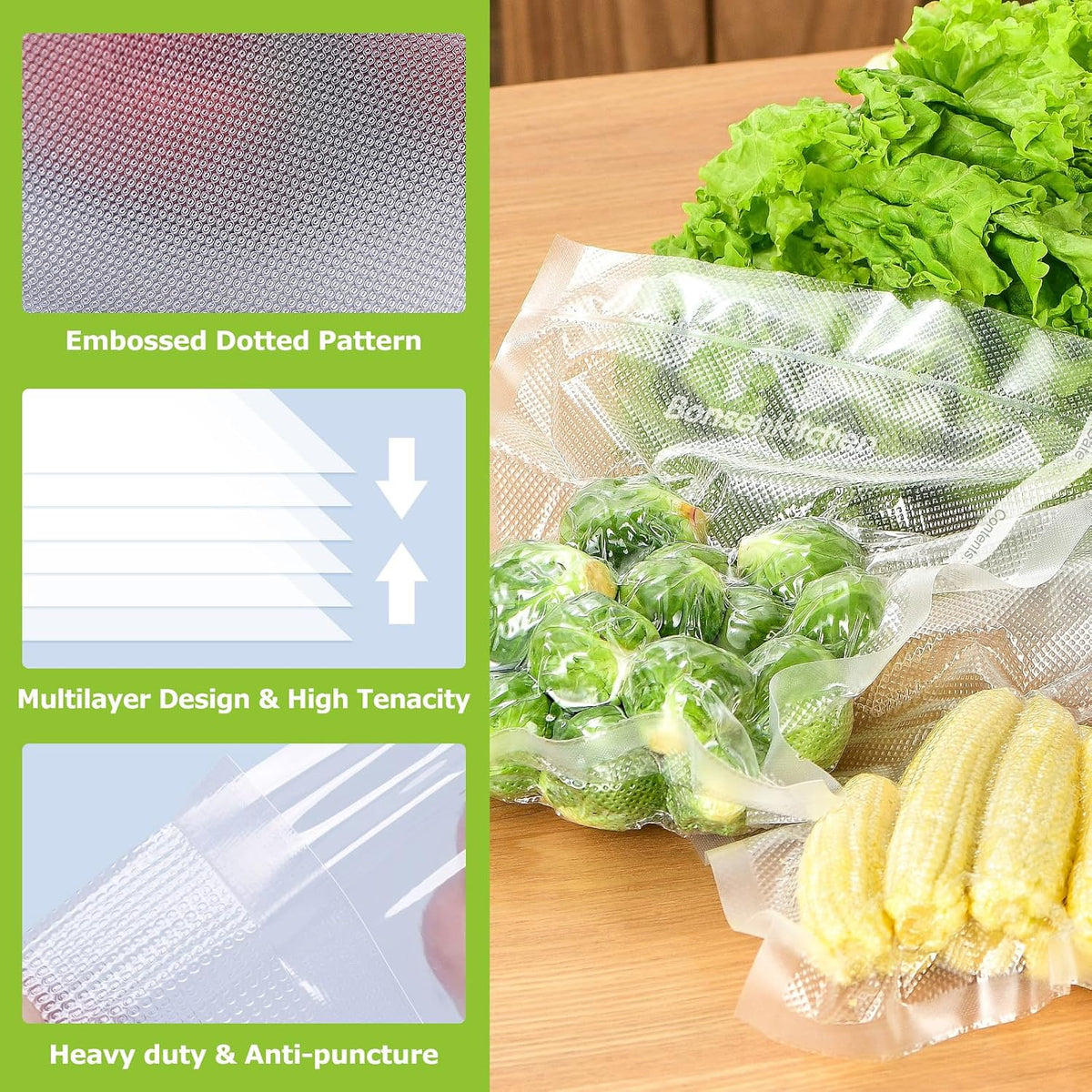 Bonsenkitchen Vacuum Sealer Rolls bags, 3 Rolls 11"x 20'+ 3 Rolls 8"x 20'
