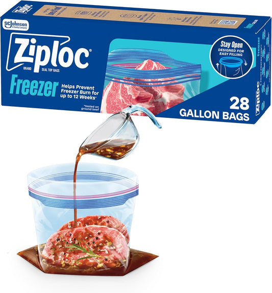 Ziploc Gallon Freezer Bags, Food Storage, Stand-Up Bottom, 28 Count