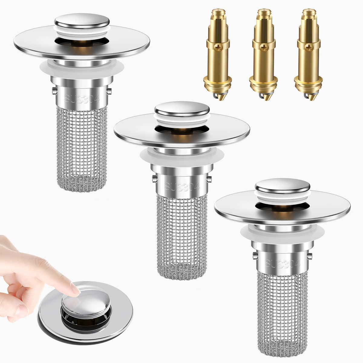 2PCS Bathroom Sink Stopper Strainer, Pop-Up Bathroom Sink Drain Strainer with Removable Stainless Steel Hair Catcher Basket, Universal Fit for US Bathroom Sinks, Bathtubs, Showers & Floor Drains