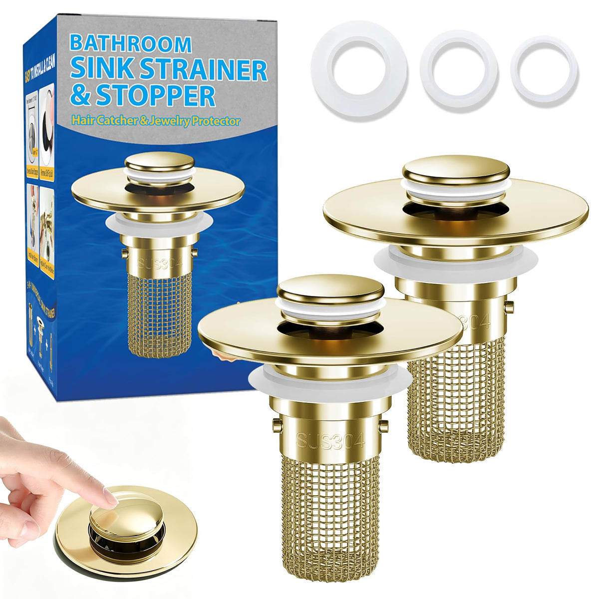 2PCS Bathroom Sink Stopper Strainer, Pop-Up Bathroom Sink Drain Strainer with Removable Stainless Steel Hair Catcher Basket, Universal Fit for US Bathroom Sinks, Bathtubs, Showers & Floor Drains
