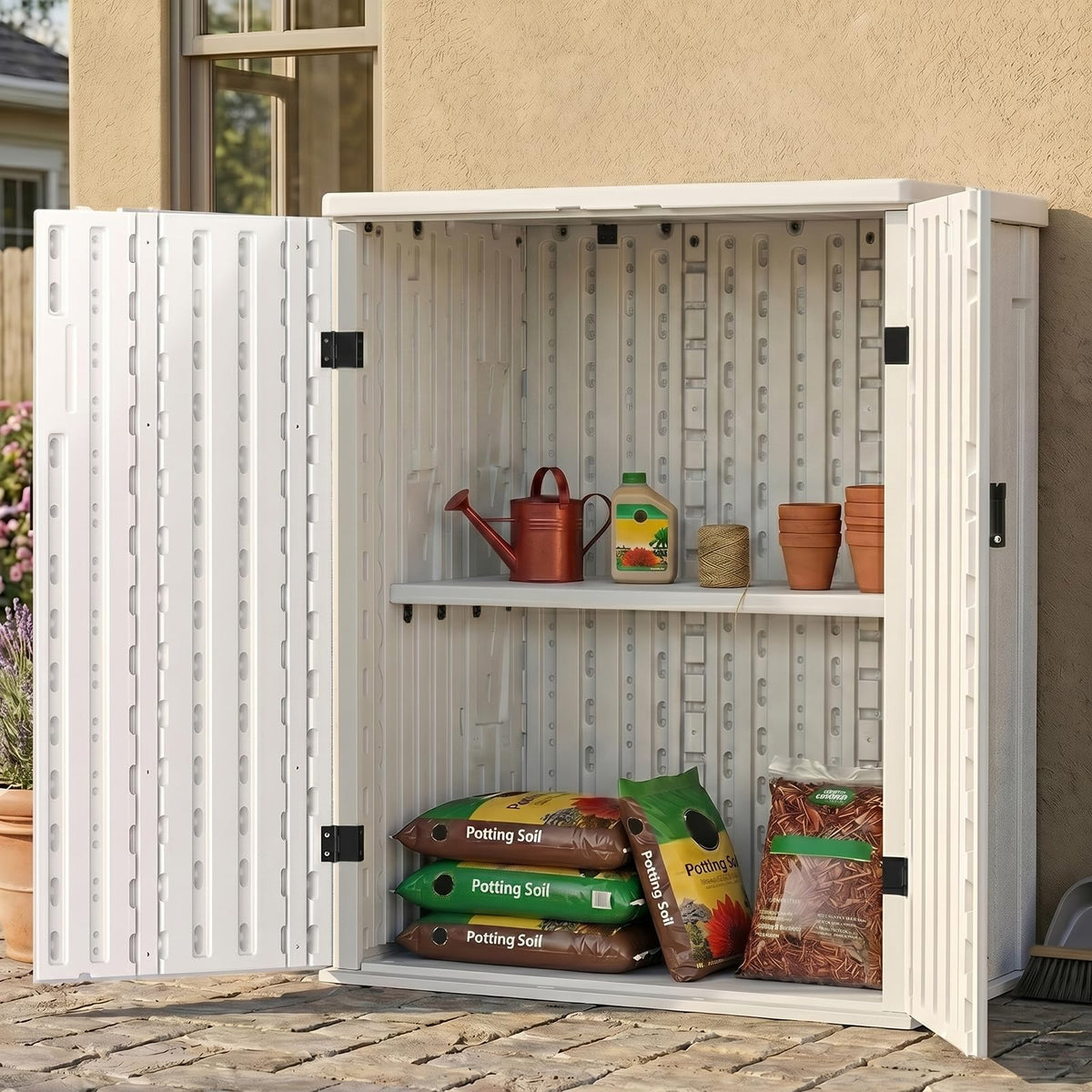EHHLY Heavy Duty Tall Storage Cabinet Outdoor Weatherproof, 28 Cuft Garage Storage Cabinet with 4 Adjustable Shelves, Lockable Kitchen Pantry Closer Organizer, 31Wx23Lx66H, Polar White