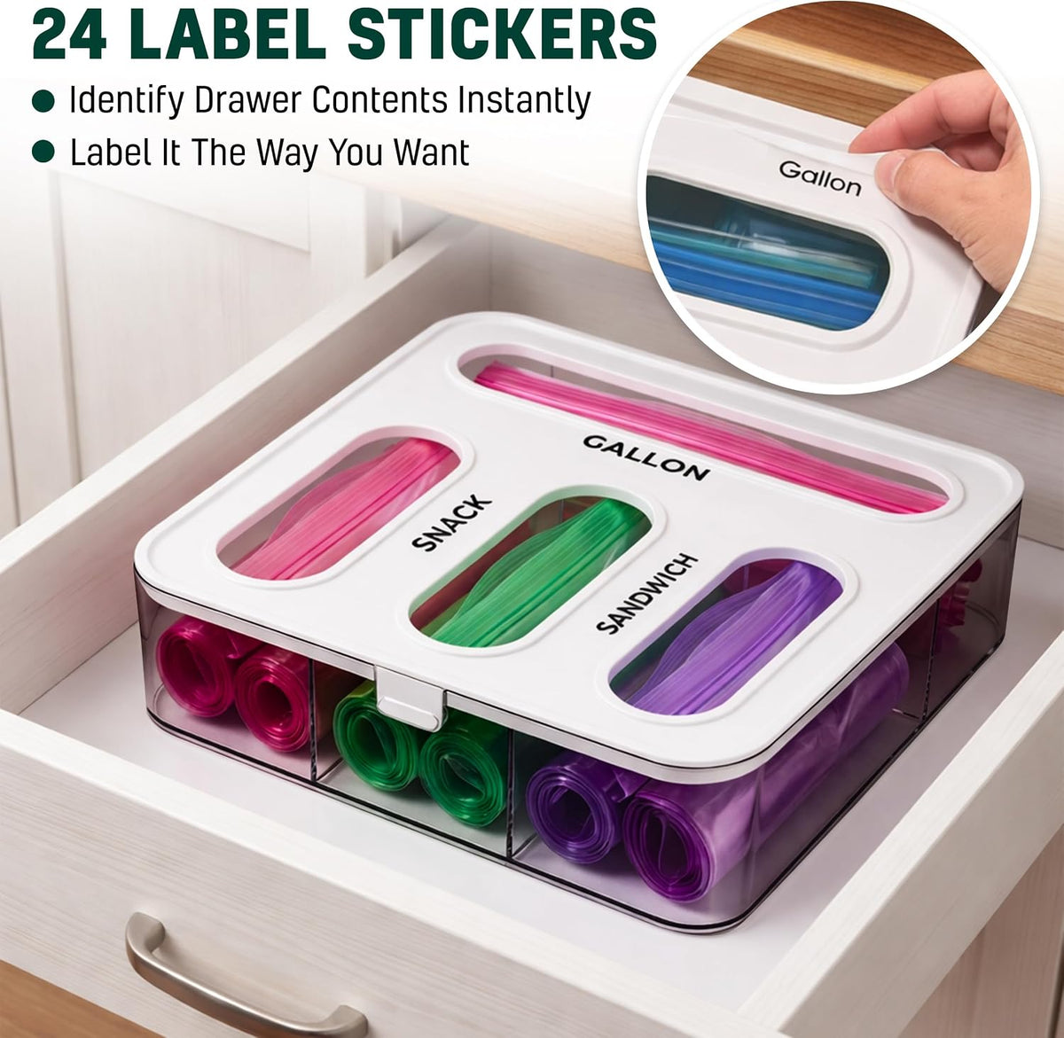 HIMUS Food Storage Bag Organizer - 4 in 1 Plastic Baggie Organizer for Drawer | Compatible with Sandwich, Snack, Gallon, Quart & Slider | Plastic Bag Organizers Kitchen Storage| Wall & Drawer Mount